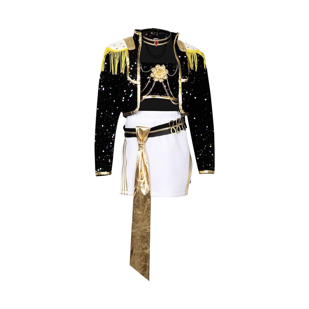 Costume Cosplay per Bambini Nero Oro Paillettes Outfit da Palco K-POP Idol Vestito da Esibizione Bambini Ragazze