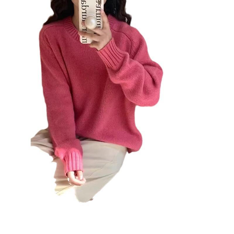 Women's Retro Solid Color Round Neck Sweater - Loose Fit Knitwear for Autumn/Winter 2025