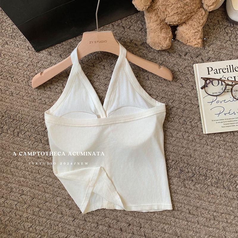 Women Summer Solid Color Sleeveless Halter Bare Midriff Vest Top