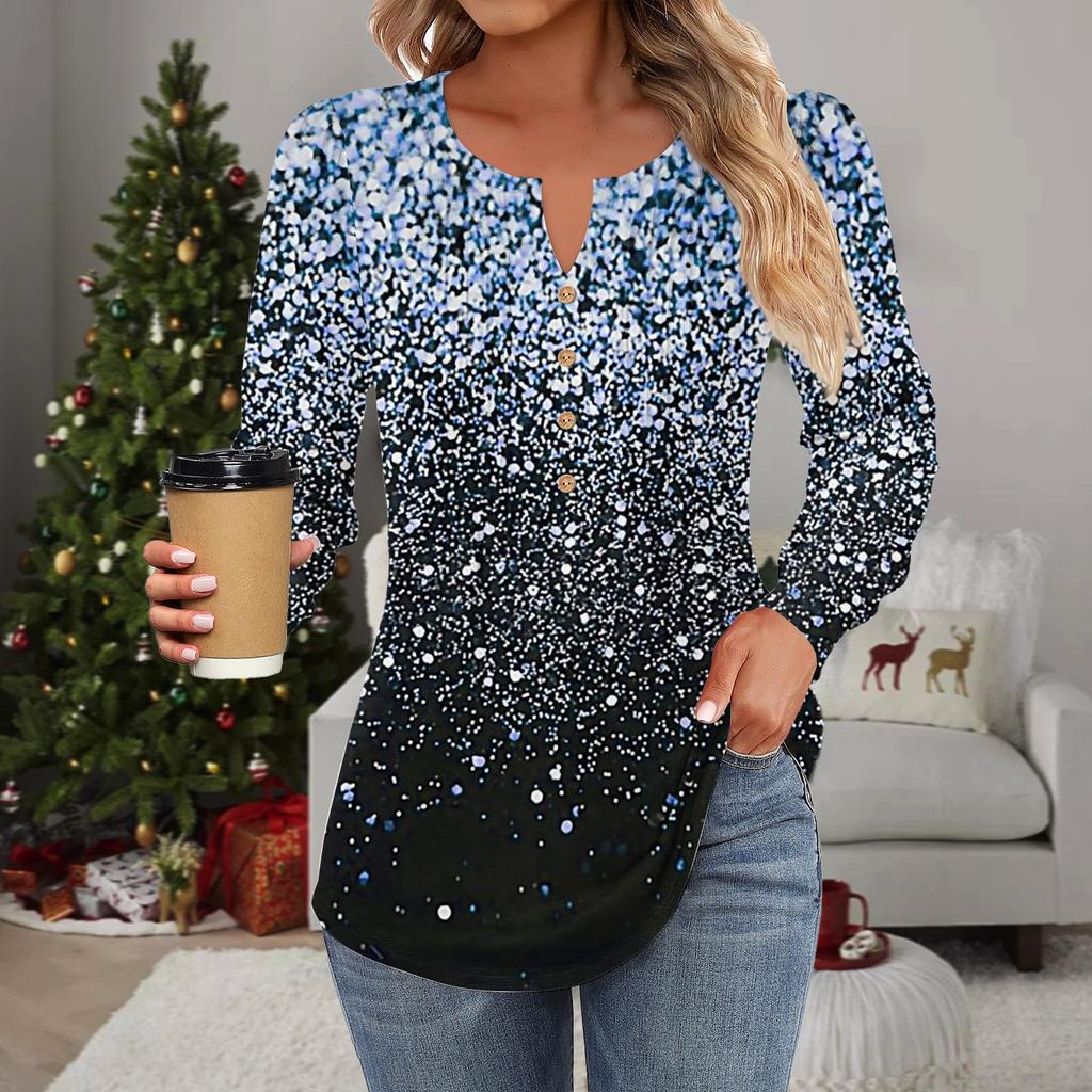 Damenmode Lässig Plissiert Rundhals Zierknopf Bedruckt Langarm T-Shirt Top