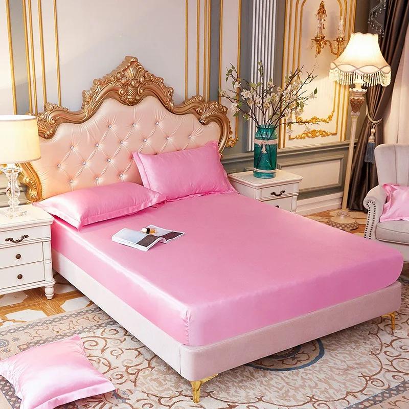 Luxury Pure Satin Queen Bed Sheet Set High End Silky Home Bed Sheets Pillow Cover Single Double Fitted Sheet with Elastic Band