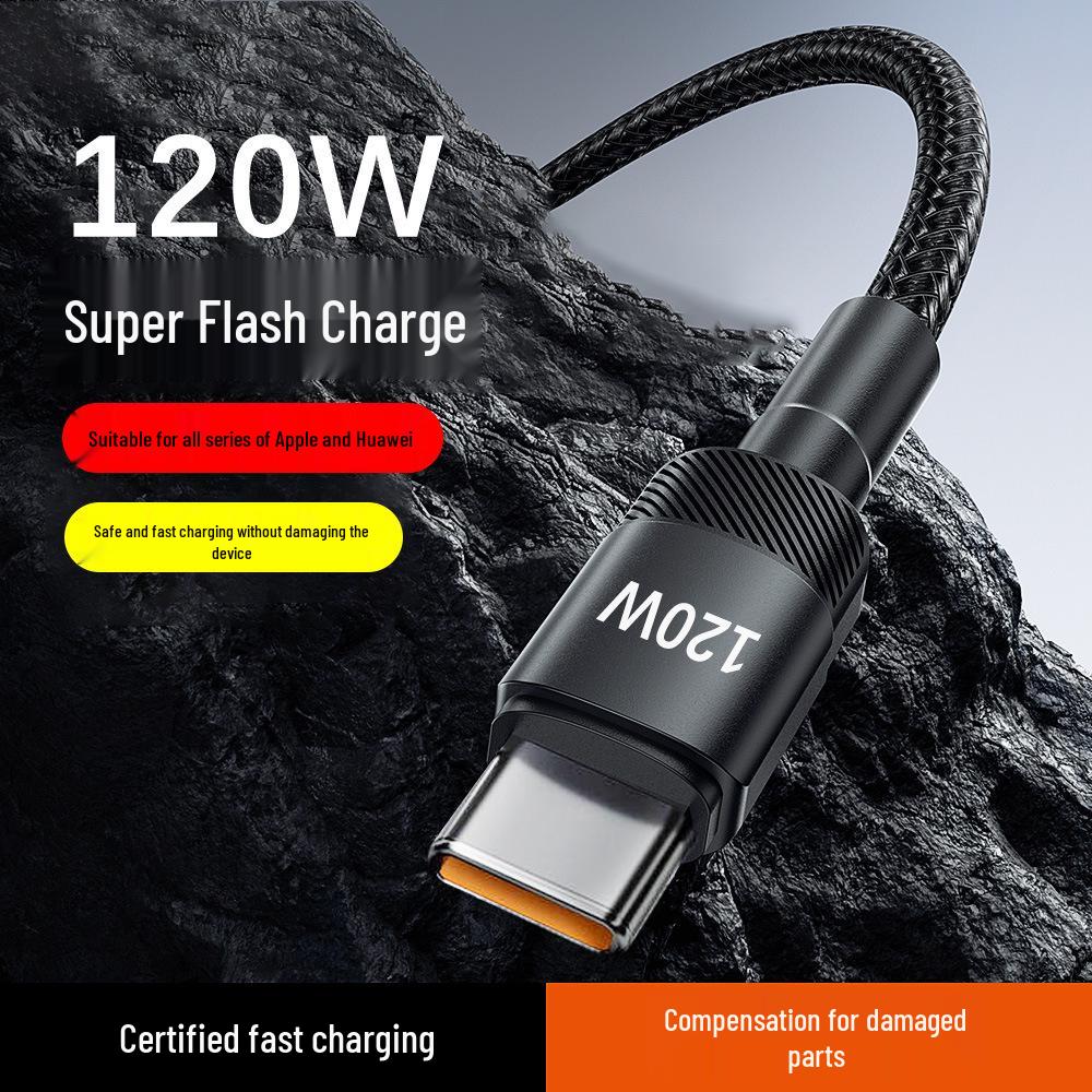 

120W Type-C Braided Fast Charging Cable, 6A Super Flash Charge for Apple, Huawei, and Samsung. Haoyue Black [1m] USB-Type-C Fast Charge