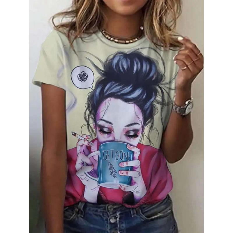 Women's round Neck Short Sleeve T-shirt Animal Print 3D Printing Street Style Loose Fit Summer Casual Wear Polyester Material