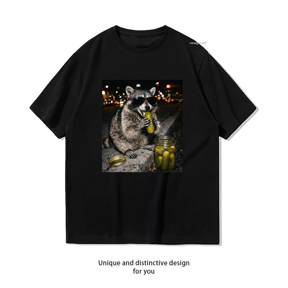 Funny Raccoon Eating Pickles Meme Tshirt Summer Cotton Woman Man Graphic T Shirts Adult Oneck Breathable Tops S3XL