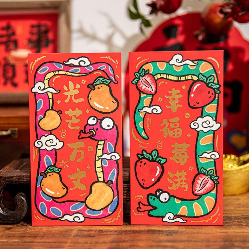 6PCS/SET Snake Pattern Red Pocket Hand Drawn Good Luck Hongbao Cute Luck Money Bag  New Year Gift