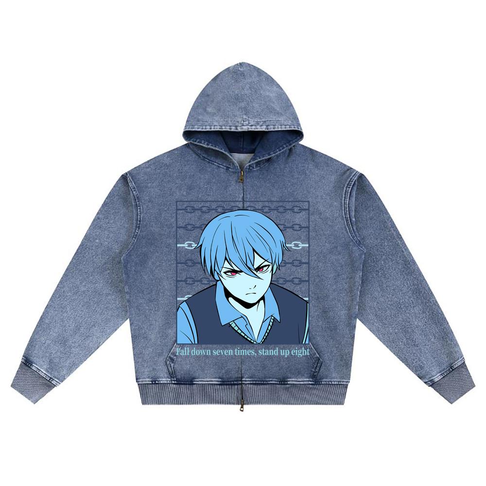 DTG Print Knitted Denim Zip-Up Hoodie Anime Streetwear 34 Brother Print Zipper Hoodies