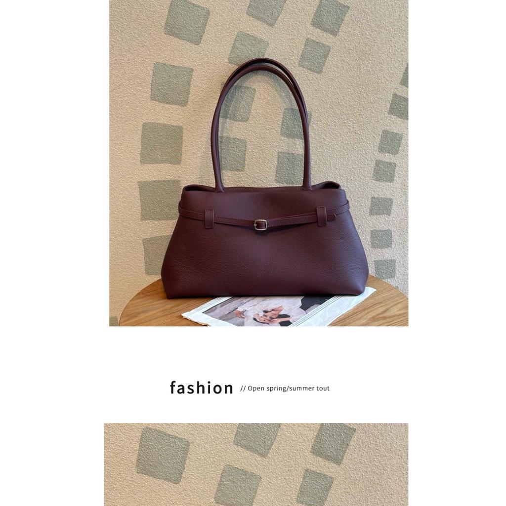 Belt small lock, first layer cowhide tote bag, genuine leather shoulder bag, fashionable large-capacity baguette bag, minimalist women's bag