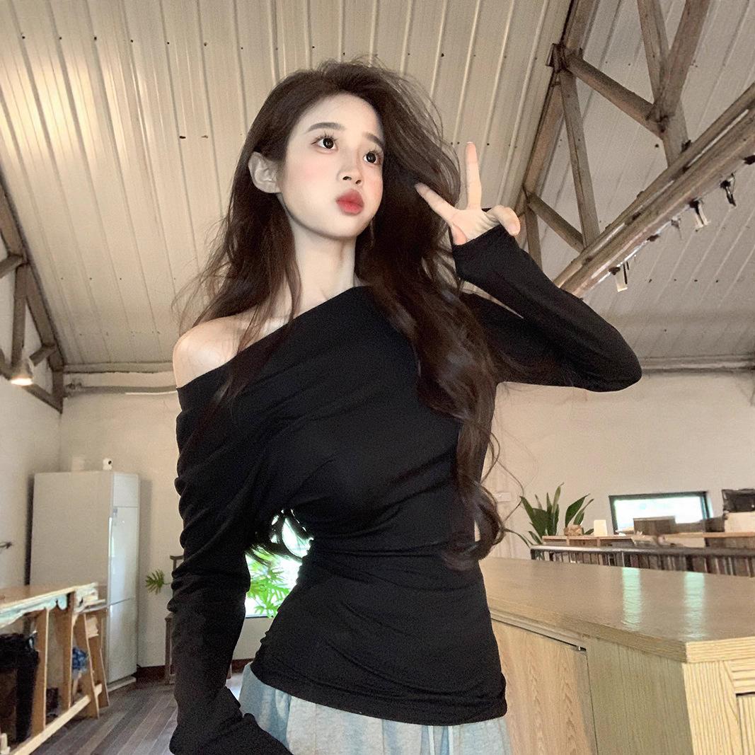 

Gram cotton polished, Spice Girl T-shirt women s autumn and winter new thin solid color slim-fitting diagonal neck shirt L чёрный