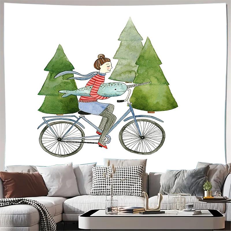 

unframed Whimsical Cyclist Tapestry Wall Hanging Nature Forest Deer Art Bedroom Dorm Decor Aesthetic Room Decor Gift Unique Wall 74x94cm(29x37in)
