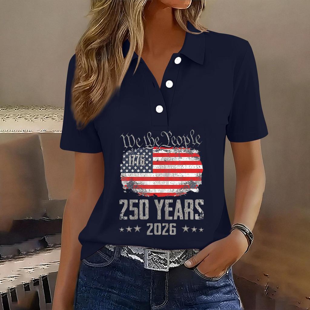 Damen Freizeit Kurzarm Hemd mit Knöpfen 250. Jubiläum Grafikdruck Polo Top für Unabhängigkeitstag Feier 2026 Gedenk-T-Shirt