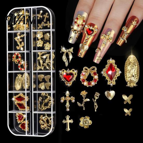 Metal Nail Charms 1 Set 3D Art 12 Grids Love Heart Charm Kit Flower Butterfly DIY Design Crafting Manicure Decoration Accessories Embellishments