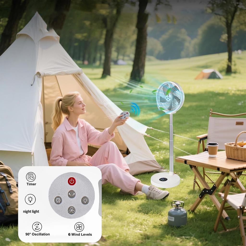 Folding wireless fan with silent timing left right rotation small night light home office outdoor camping 10 inch electric fan