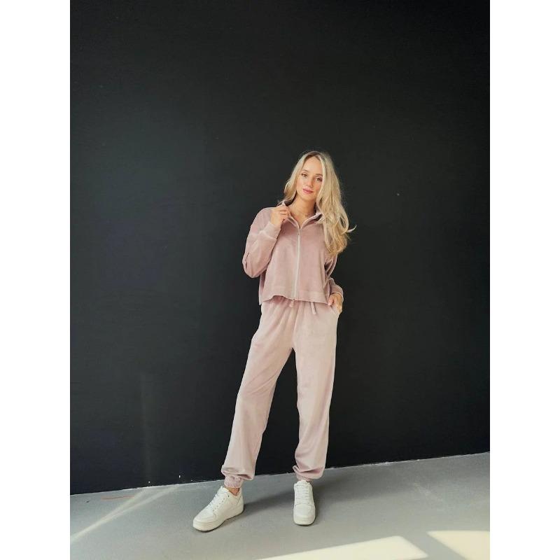 

Женский бархатный костюм с длинными рукавами, карманами на молнии, зауженными брюками и девятью штанами XL розовый