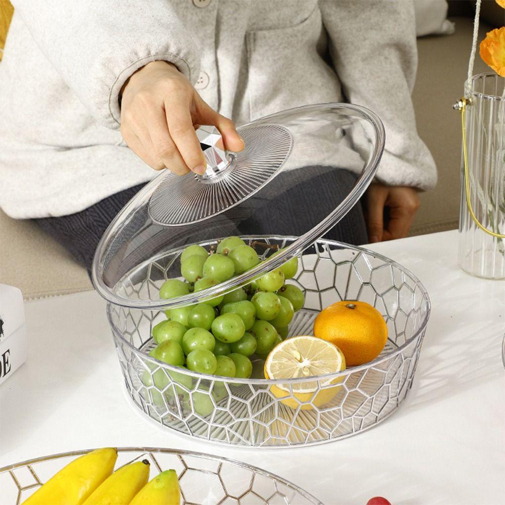 New Round Fruit Plate with Lid Transparent Fruit Tray Stone Grain Fruit Tray Desktop Sundries Storage Box Fruit Bowl