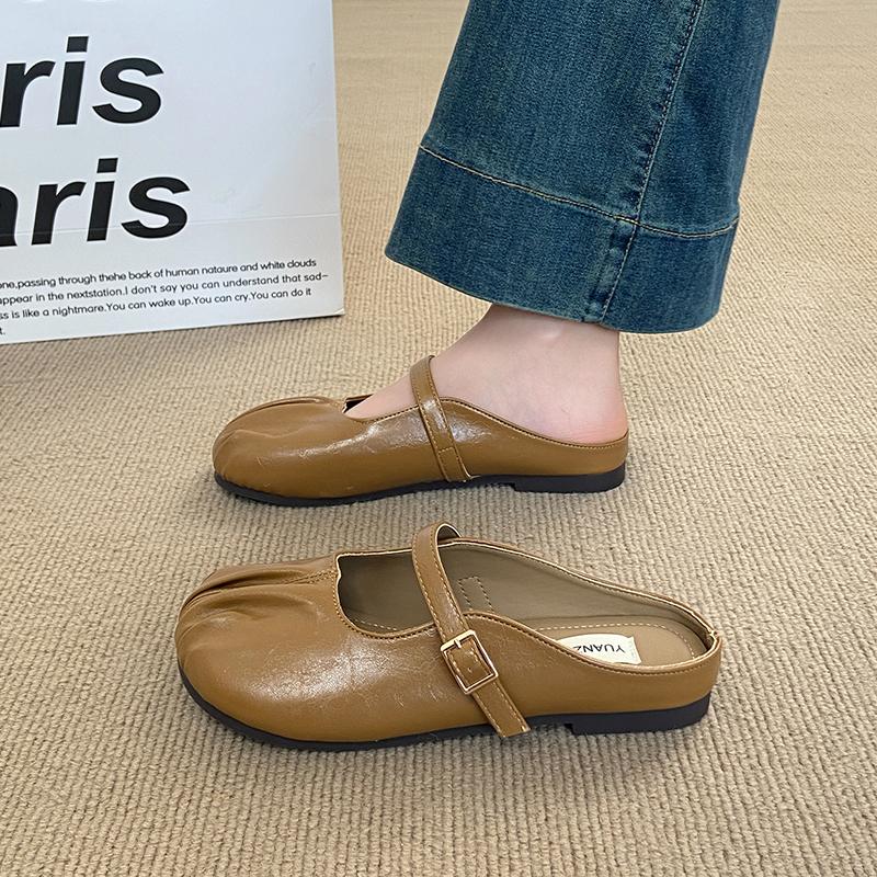 CRLAYDK Mules for Women Adjustable Strap Backless Leather Loafers Slip On Flat Casual Party Work Fold Slides Shoes