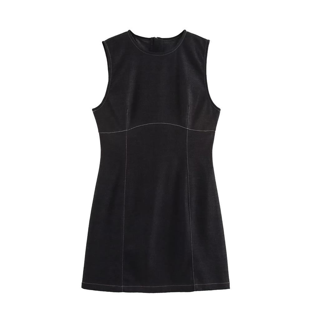 

2025 Spring Women s Round Neck Sleeveless Denim-Effect Dress Medium