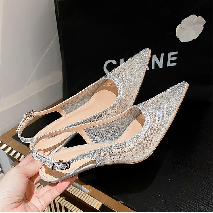 New Full Diamond Pointed Mesh Rhinestone High Heel Sandals Women's Dinner Shoes Wedding Shoes French Temperament Versatile Bag Head Back Empty