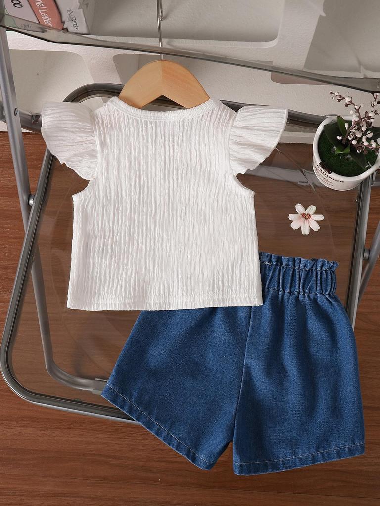 Infant Girls' Summer Two-Piece Set: Flying Sleeve White Ribbed Top & Daisy Denim Shorts