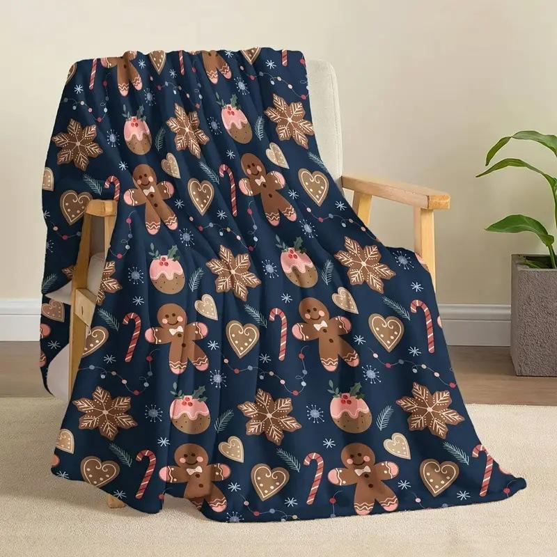 Christmas Gingerbread Man Digital-printed Polyester Bedroom Velvet Flannel Cover Blanket Fleece Soft Cover Blankets for Beds