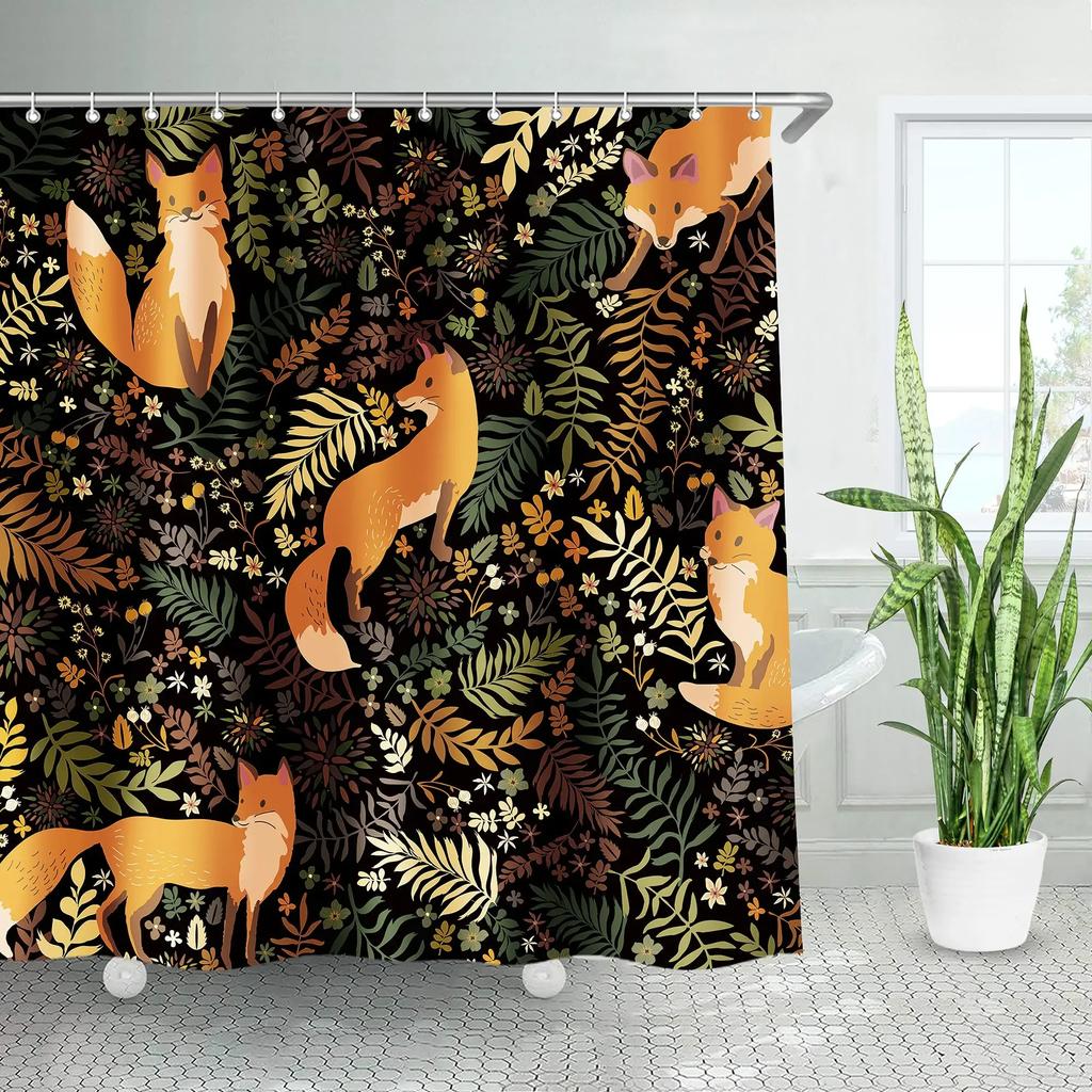 Painting Animal Lover Fox In The Forest Shower Curtain,Rustic Lodge Forest Hunting Bathroom Decor Wild Animals Bathroom Curtains