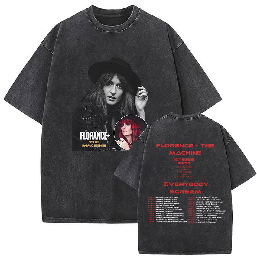 Florence and The Machine Tour  Vintage Washed T Shirt Men Women Harajuku Aesthetic Oversized Cotton Tshirts Yk Streetwear