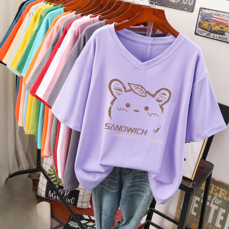 Kurzärmeliges T-Shirt, Locker sitzend, Schlankmachendes bedrucktes V-Ausschnitt-Top für Damen