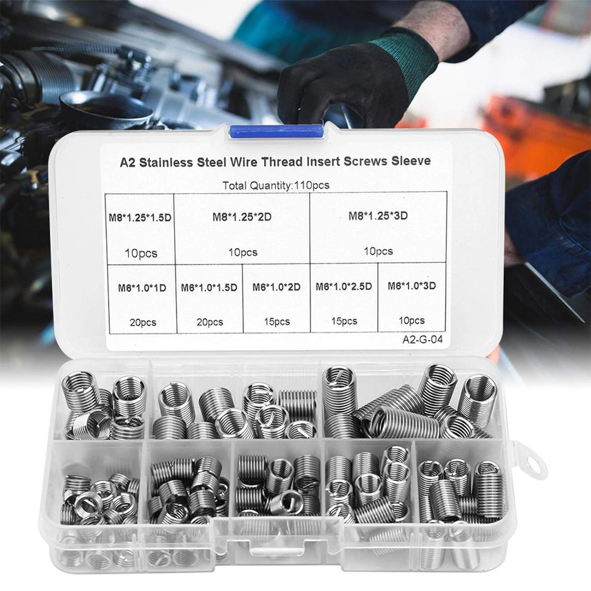 

110Pcs M6 M8 Stainless Steel Threaded Insert Coiled Wire Screw Bushing Thread Set Helical Thread Recovery Kit One Size