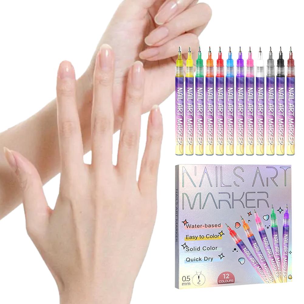 12 Stück/Set Acryl Graffiti Stift für Nägel 12 Farben Nagelmarker Malwerkzeug DIY Nagelkunst Werkzeuge Wasserdicht und Schnelltrocknend Nagelmarkierung