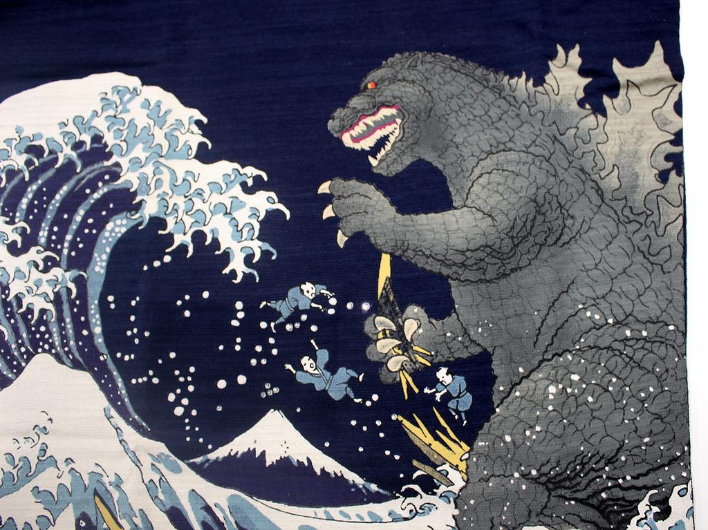 Fourcart Godzilla T-Shirt, Thirty-six Views of Mount Fuji, Large Monsters, Navy, Size S (Chest 72-78cm)