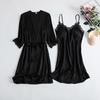 Women's Silk Five-Piece Pajama Set: Spring/Autumn Nightdress & Robe with Chest Pad