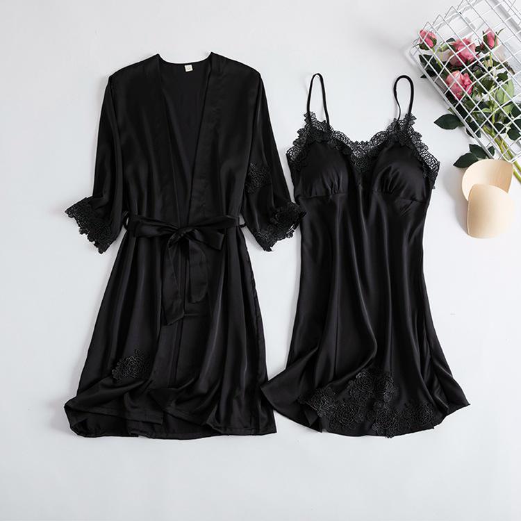 Women's Silk Five-Piece Pajama Set: Spring/Autumn Nightdress & Robe with Chest Pad