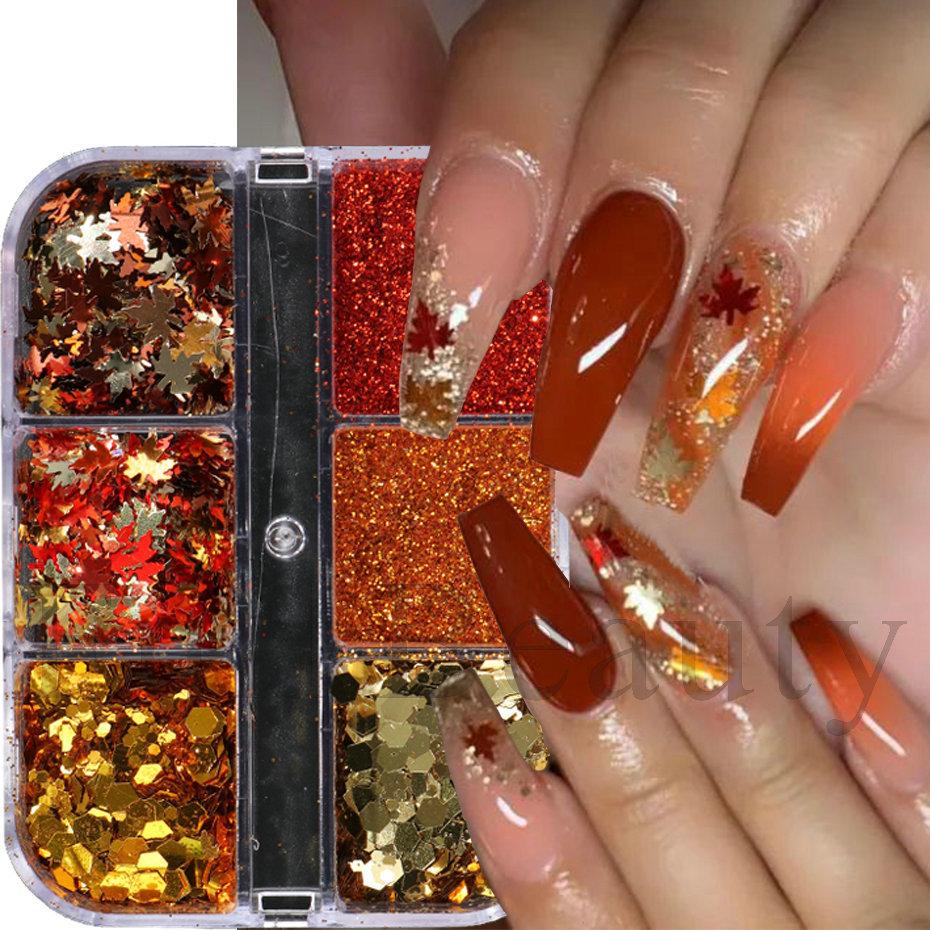 Nail Art Sequins 6-Gate Box Autumn Thanksgiving Maillard Color Symphony Maple Leaf Sequins Glitter