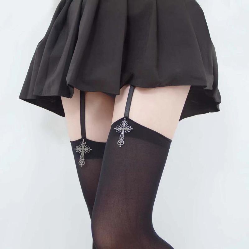 Personality Cross Decoration Women Suspender Socks Solid Color Thin Thigh High Lolita Anime Cosplay Gothic Over Knee Stockings