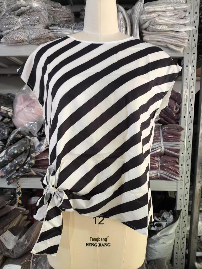 European & American 2025 New Style Women's Short Sleeve Round Neck Striped Tie-Up T-shirt