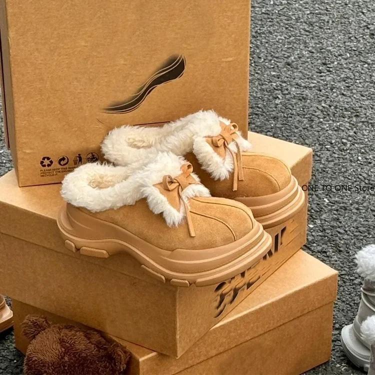 Fashion Platform Women Bow Snow Boots Fur Slippers 2025 Winter Suede Shoes Short Plush Warm Flip Flops Ankle Shoes Women Chelsea Boots