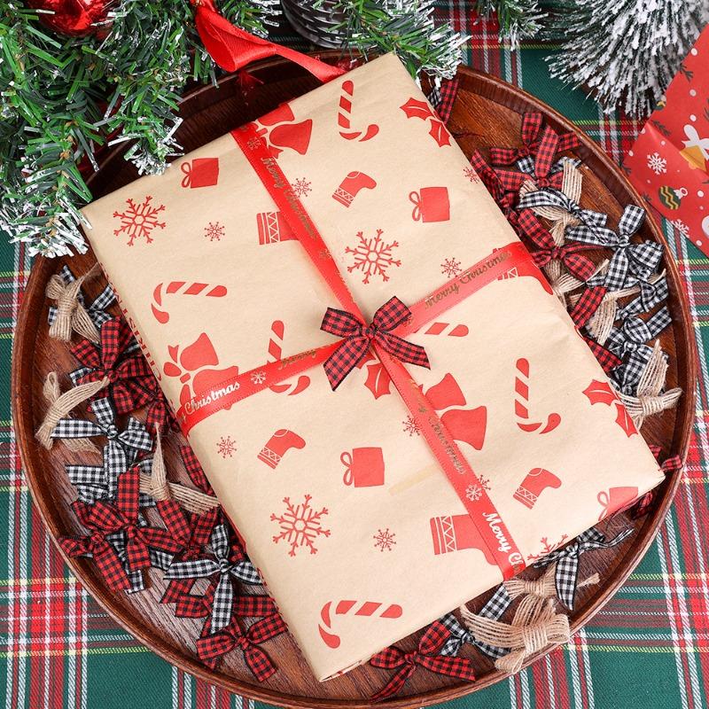 Weihnachts-Mini-Schleifenschmuck Rot Schwarz Karomuster Gingham-Band Dekoration Weihnachtsbaum Kranz Neujahrsparty Deko Geschenkverpackungszubehör