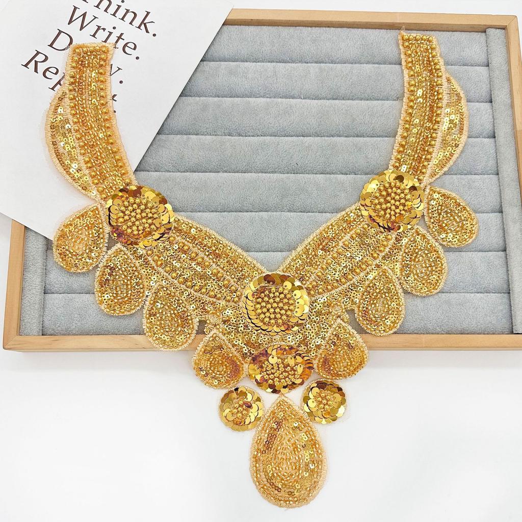 Heavy Industry Gold Handmade Bead Sequins Embroidery Decal Water Drop Collar Clothing Dress Dance Clothing Cloth Sticker Accessories