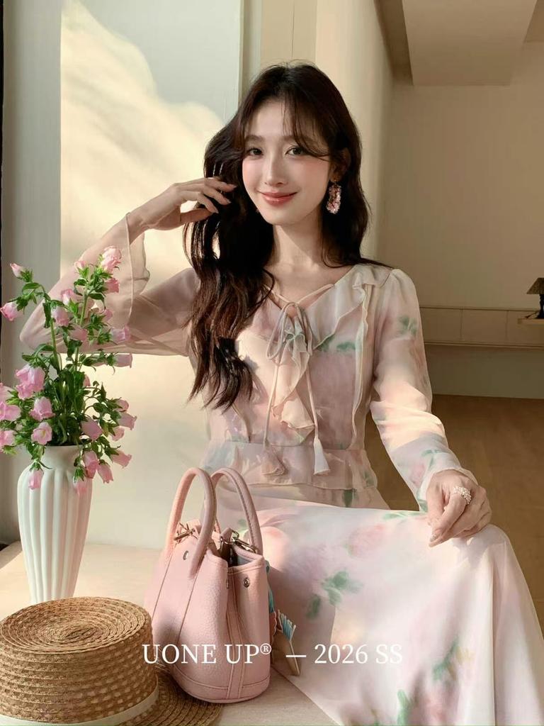 UONE2026 Early Spring Floral Holiday Ruffle Dress - Southern France Inspired, Gentle Style for Women