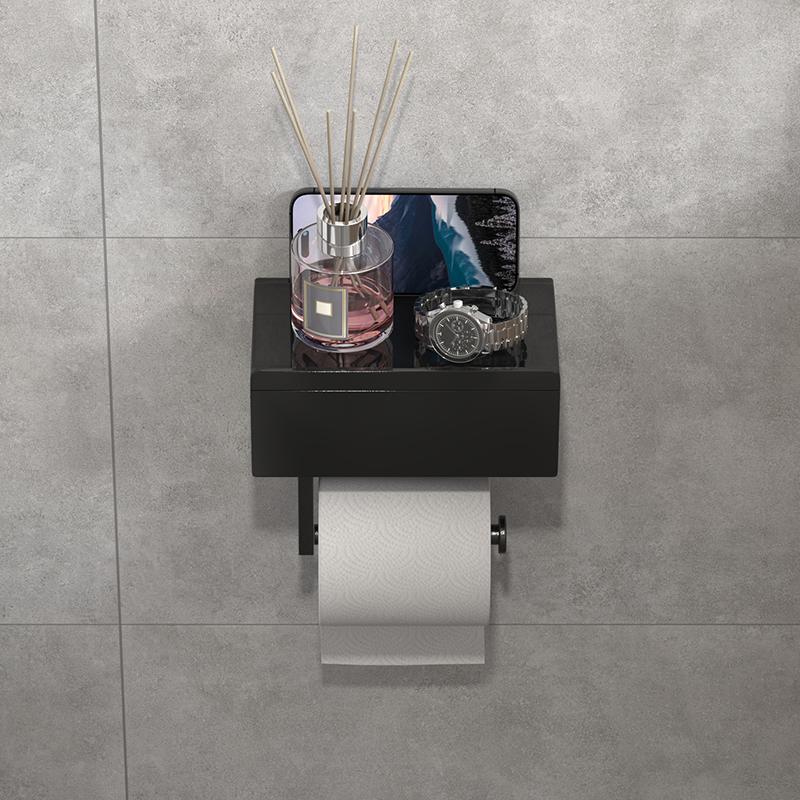 Black wall mounted toilet paper holder with shelf no drilling required drawer style tissue box essential bathroom organizer