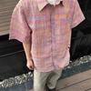 Men's Casual Loose Fit Short Sleeve Shirt Rainbow Gradient Plaid Texture Breathable Lapel Button Down Summer Streetwear Top