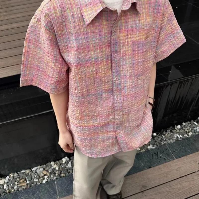 Men's Casual Loose Fit Short Sleeve Shirt Rainbow Gradient Plaid Texture Breathable Lapel Button Down Summer Streetwear Top