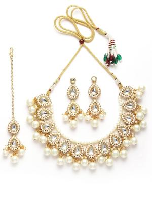 Gold Plated Pearl & Drop Kundan Studded Choker Necklace Set for Women (Metal, Kundan)