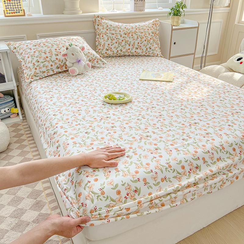 Washed Cotton Fitted Sheet Mattress Protector Non-Slip Bed Cover Pillowcase Set Modern Minimalist