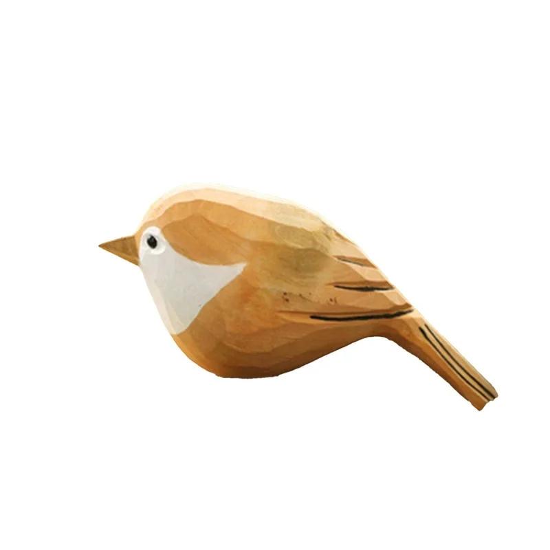Handmade Carving Wooden Bird Figurine Small Cute Sparrow Bird Statue Home Decor Figurine Art Decoration Miniature Birds Model