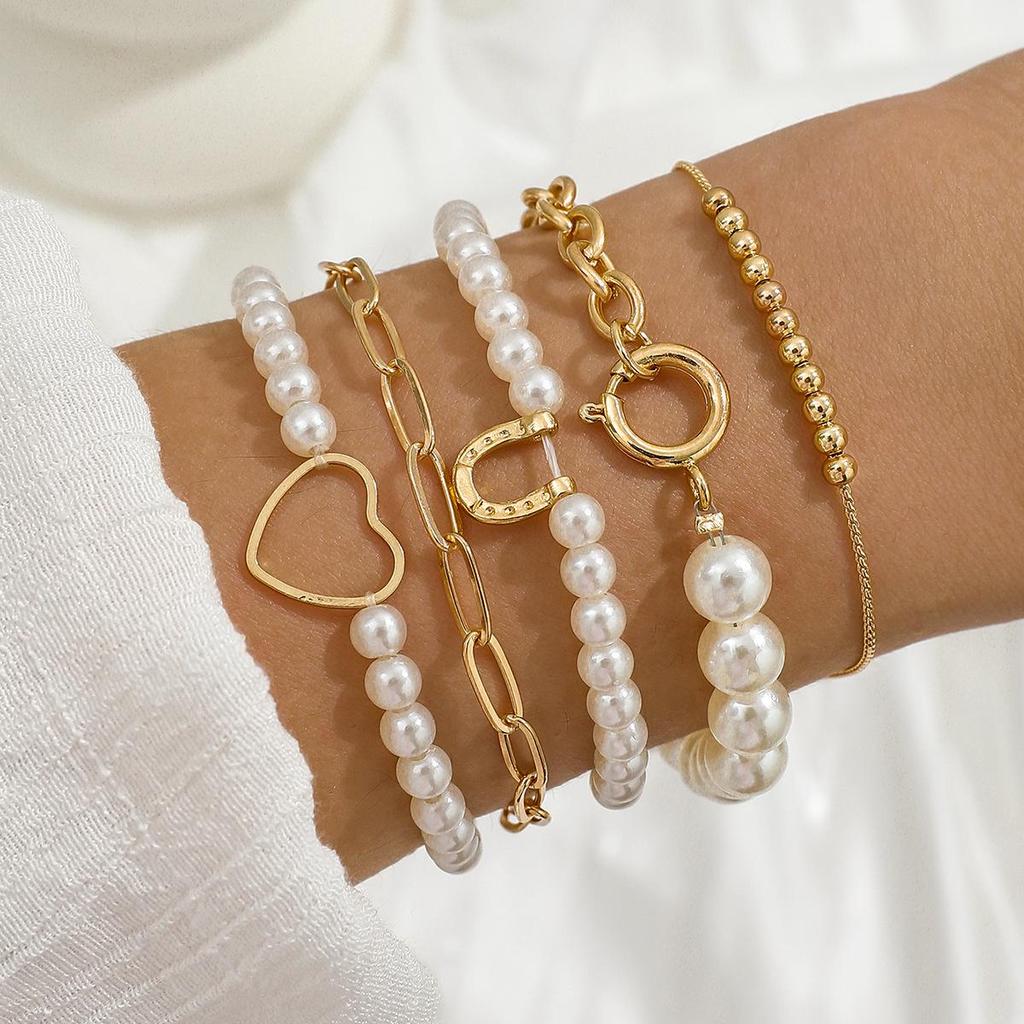 European & American Style Heart Crescent Moon Faux Pearl Layered Bracelet