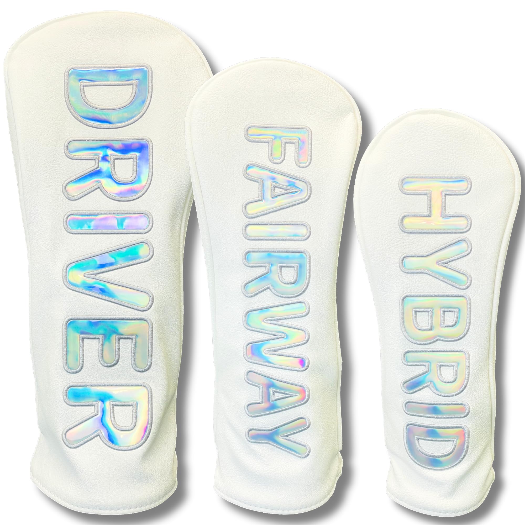 

Stylish and cool golf headcover with lettering featuring Aurora holographic for fairway and hybrid for lines, lettering, driver, wood, (UT) clubs,