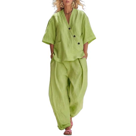 

Женский комплект из 2 предметов Повседневный топ с пуговицами, коротким рукавом и V-образным вырезом и длинные брюки Комплект для отдыха с карманами Летний свободный комплект L
