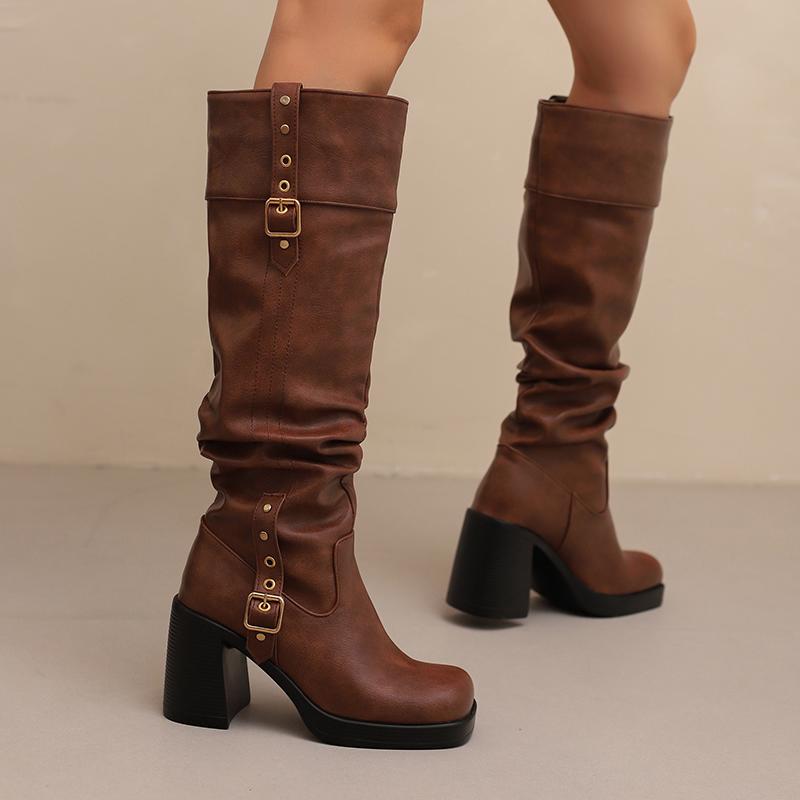 Women's High-heeled Boots Autumn and Winter Thick-heeled Large-size Casual Boots Roman Medium Boots