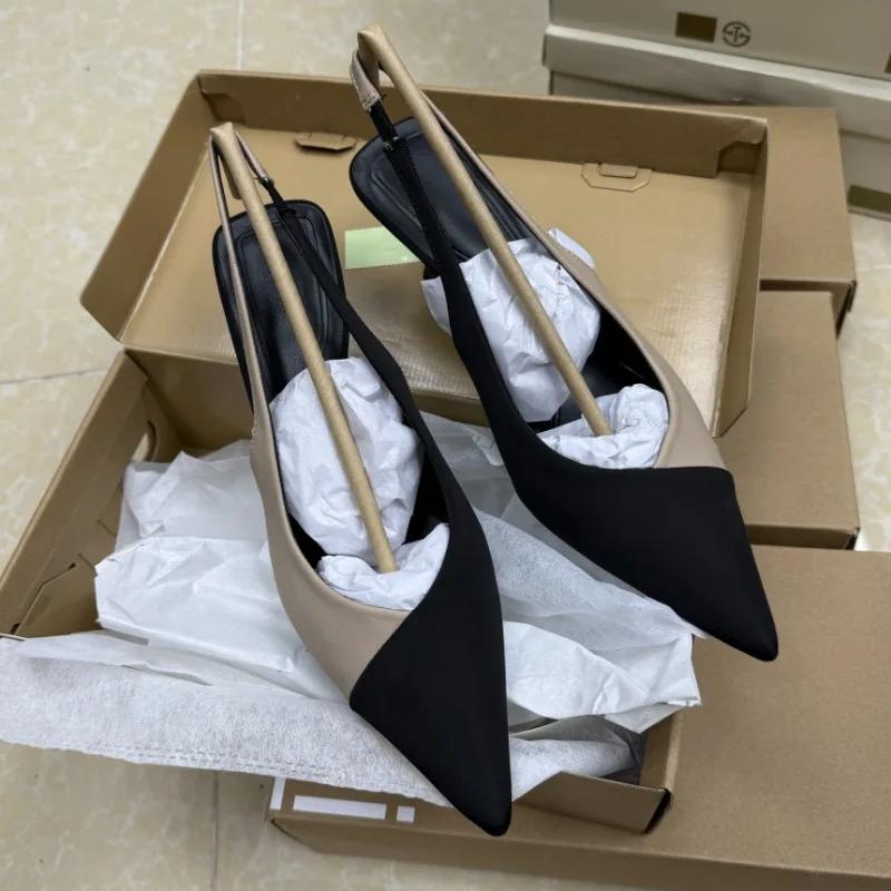 

Fashion Elegant Pointed Toe Office Lady Shoes Chic Patchwork Slingbacks 2025 Spring Big Size Luxury Design High Heels Pumps for Women 41 бежевый