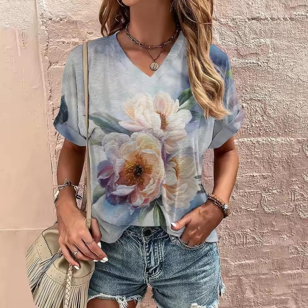 Women's Summer V-neck T-shirt Flower Printed Casual Tops Cubic Sleeve T Shirt Fashion Street Pullover OverSize Women's Clothing